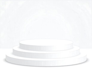 A minimalist three-tiered white round podium stands against a textured white backdrop