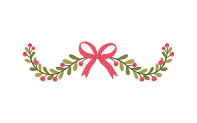 Traditional berry garland vector with classic green leaves and red berries, tied with a vibrant pink bow. Hand-drawn, isolated header element for rustic borders, stationery, and warm holiday accents.