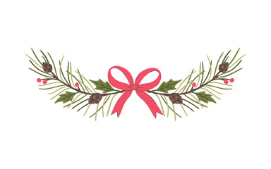 Christmas, garland, vector, isolate, holiday, new year, winter, illustration, design, decor, pine, cone, holly, pink, red, green, traditional, style, element, header, border, hand-drawn, cozy, celebra