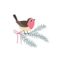 Cute Christmas robin bird sitting on a pine branch with a simple red string bow. Hand-drawn, isolated wildlife element perfect for holiday accents, tags, and charming winter design. Simple motif.