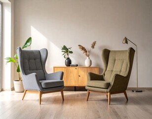 A minimalist living room with two high-backed armchairs and a wooden sideboard against a wall