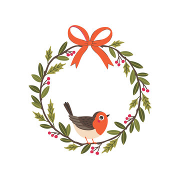 Cute Christmas robin bird sitting inside a classic holly wreath with red berries and an orange bow. Hand-drawn festive frame ideal cards, invitations, and traditional holiday decor. Winter wildlife.