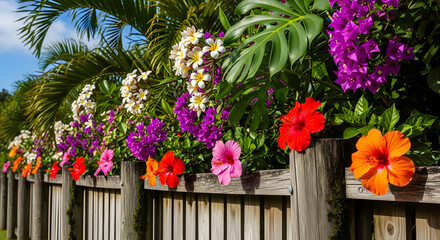 Fototapeta premium A vibrant fence adorned with colorful tropical flowers in full bloom, creating a picturesque scene.