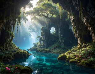 A misty cavern with crystal-clear turquoise water, foliage, and sunlight