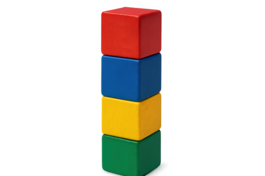 Wooden building blocks tower showcasing primary colors, childhood learning and development concepts, transparent background
