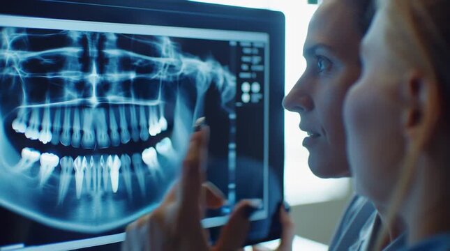 Medical professional inspecting dental radiograph collaboratively, Modern dental clinic where professionals collaboratively analyze and discuss patient radiographs