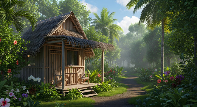 A charming, rustic wooden hut nestled amidst lush tropical foliage and vibrant flowers, with a path leading into a misty jungle.