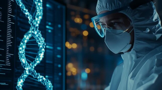 Biologist in protective gear scrutinizes genome data displays meticulously, Research specialist wearing safety equipment conducts detailed genetic sequencing in hightech