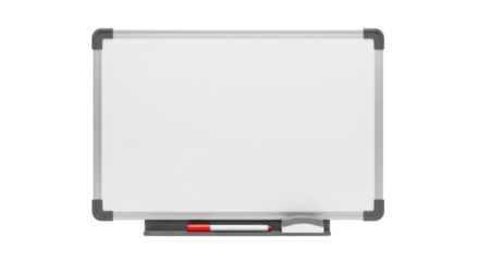 Pristine blank white dry-erase board with grey aluminum frame, red marker, and minimalist eraser on a white background, soft studio lighting. Concept of readiness and new beginnings