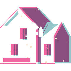 Minimalist geometric illustration of a house in pink teal and white with a transparent background depicting abstract architectural shapes and a clean 
