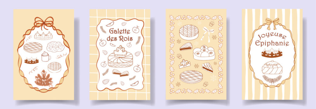 Set of cards Galette des Rois with crowns, pastries, ribbons, bow in beige tones. Vintage in whimsical, coquette style. For Epiphany greetings, bakery packaging, invitations, festive promotional desig - Powered by Adobe
