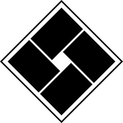 A black and white geometric design featuring a stylized aperture shape within a diamond.