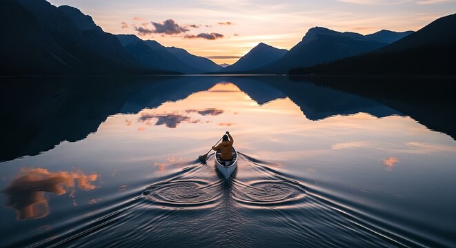 Individual paddling a canoe on a tranquil lake at sunset, surrounded by majestic mountains, reflecting vibrant colors in the water, creating a serene outdoor experience