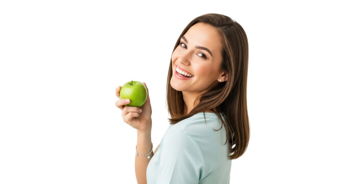 Young adult woman, mid-20s, with a radiant smile, pastel top, holding a crisp green apple, isolated against white studio background, engaging viewer, concept of healthy living