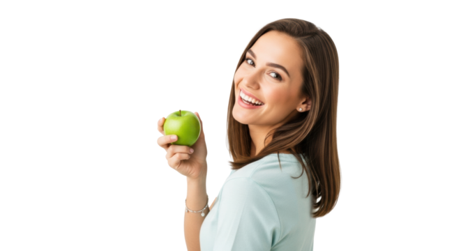 Young adult woman, mid-20s, with a radiant smile, pastel top, holding a crisp green apple, isolated against white studio background, engaging viewer, concept of healthy living - Powered by Adobe