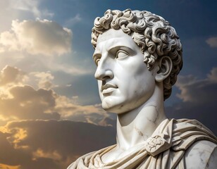 A marble bust of a man with curly hair against a dramatic, cloudy sky