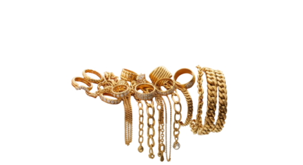 Adult hand in neutral sleeve cradling diverse real gold jewelry (chains, rings) in softly lit high-key studio, bright white background, symbolizing luxury, wealth, and financial security