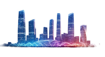 Fototapeta premium A sleek, futuristic cityscape with glowing digital light patterns on skyscrapers at magic hour, wide shot with vibrant gradient sky, concept of urban connectivity and smart growth.