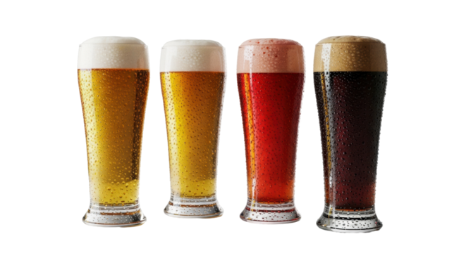Four elegant pilsner glasses with distinct cold beverages, frothy heads, condensation on a clean plain background, concept of diverse refreshment.