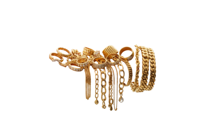 Adult hand in neutral sleeve cradling diverse real gold jewelry (chains, rings) in softly lit high-key studio, bright white background, symbolizing luxury, wealth, and financial security