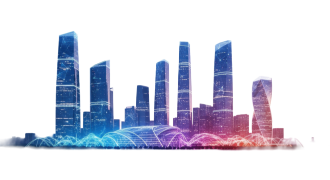 A sleek, futuristic cityscape with glowing digital light patterns on skyscrapers at magic hour, wide shot with vibrant gradient sky, concept of urban connectivity and smart growth.