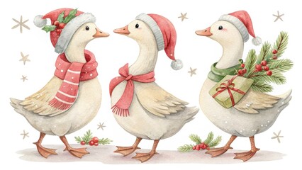 Fototapeta premium Three festive ducks wearing winter hats and scarves, surrounded by holly and snowflakes, embodying a cheerful holiday spirit.