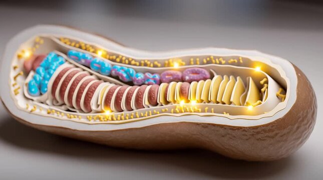 D image of cell powerhouses, Inner mitochondrial structures with glowing complexes, Highresolution depiction of mitochondrial components and energy production pathways