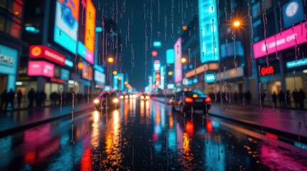 Naklejka premium A vibrant city street at night, illuminated by neon lights and reflected in rain-soaked pavement, creating a lively urban atmosphere.