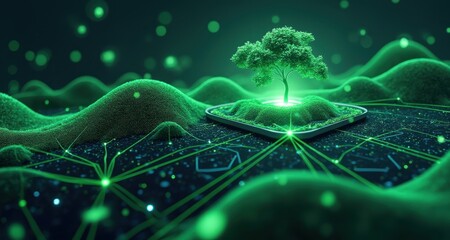 A glowing green tree emerges from a digital landscape, symbolizing the fusion of nature and technology in a vibrant, futuristic setting.