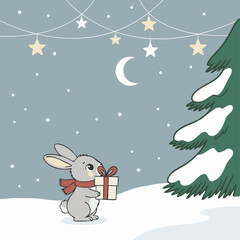 Adorable Bunny Holding a Christmas Gift in Snowy Night Landscape with Star String Lights