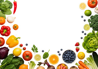 Artfully arranged diverse, fresh, ripe produce (bell peppers, citrus, berries) with water droplets, flat lay on white studio background. Concept of healthy eating