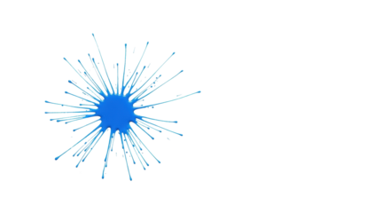 Isolated, abstract blue watercolor paint splatter, featuring a concentrated core with fine drips and delicate streaks on a transparent surface, photorealistic macro flat lay. Concept of modern