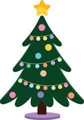 A christmas tree with a yellow star on top and colorful ornaments against a black background design