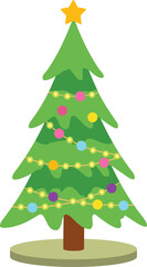 A christmas tree with a yellow star on top, decorated with colorful ornaments and string lights on black background