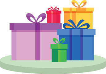 A colorful assortment of gift boxes stacked on a light green platform against a black background scene view