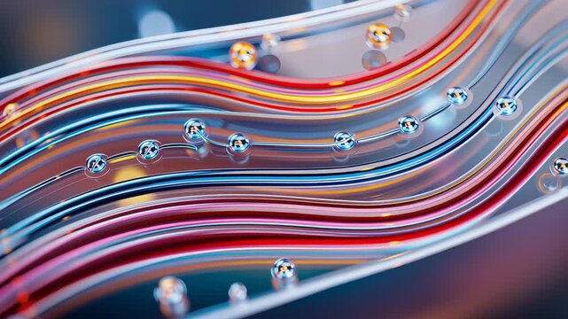 Luminous fiber optic streams with vibrant effects, Vivid representation of highspeed information transfer through colorful optical ribbon patterns and glowing effects