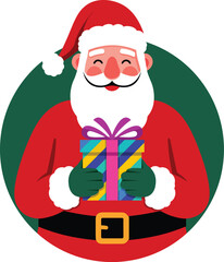 Santa claus holding a wrapped gift box with a purple bow in a cartoon style on a green background