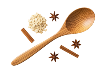 Light brown wooden spoon, rolled oats, cinnamon, star anise on pale wooden board, clean studio, flat lay, soft light. Concept of wholesome culinary simplicity and sustainable living