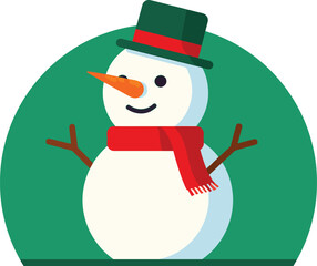 Illustration of a snowman with a green hat and red scarf on a green background in a flat style