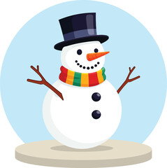 A cartoon snowman with a black top hat and colorful scarf on a light blue background standing on a base
