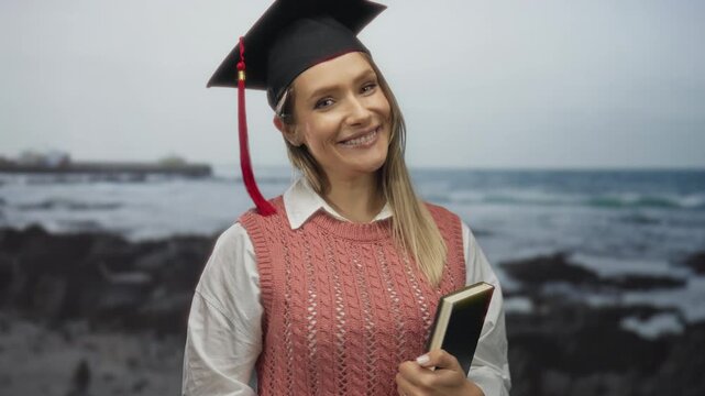 Young woman celebrating graduation at seaside holding book with blonde hair and cap smiling outdoors at the beach with ocean waves in the background