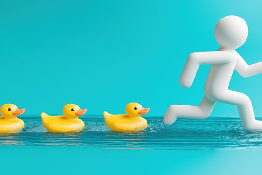 Leader Figure Running Ahead of a Line of Yellow Ducks