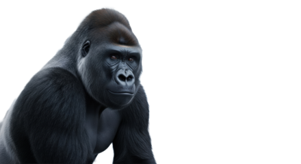 Majestic Western Lowland Gorilla with rich black fur and contemplative eyes, standing calmly in a sleek high-tech corporate office with blurred background, embodying strategic business solutions