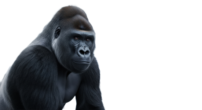 Majestic Western Lowland Gorilla with rich black fur and contemplative eyes, standing calmly in a sleek high-tech corporate office with blurred background, embodying strategic business solutions