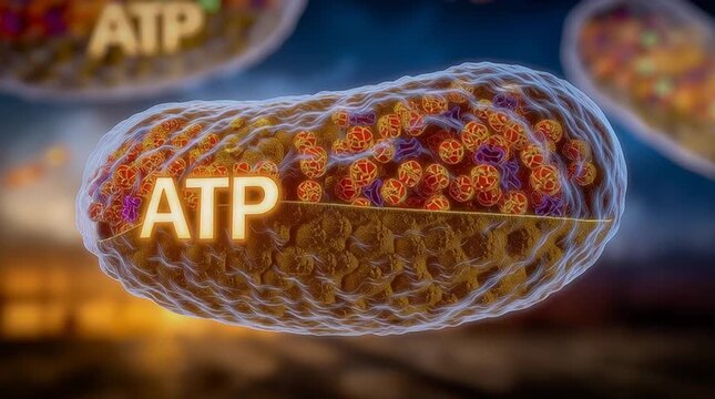 Detailed depiction of mitochondrial ATP synthesis process, Dynamic educational visualization demonstrating how mitochondria produce energy within cells through intricate