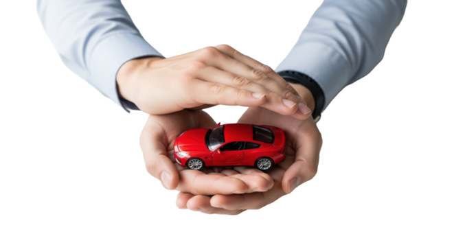 Two adult gender-neutral hands with neutral shirt cuffs gently cupping a vibrant red toy car against a transparent background, concept of asset protection