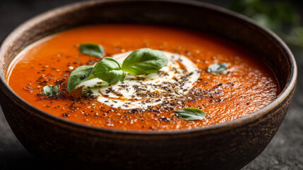 Comforting tomato soup with cream and herbs in a ceramic bowl