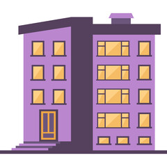 Modern purple apartment building with yellow windows and a symmetrical design in a flat illustration style on a white background