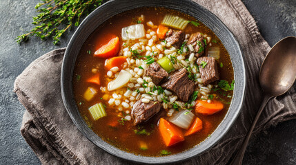 Hearty beef and barley soup with carrots, celery, and onions served in a bowl on a concrete background