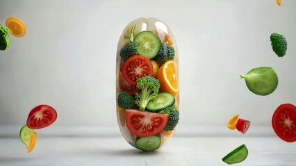 Vitamin capsule filled with fresh vegetables and fruits including tomatoes cucumbers broccoli and oranges promoting healthy eating and nutritional supplements